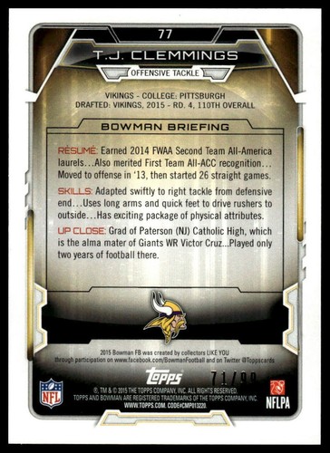 2015 Bowman #77 T.J. Clemmings Rookies Rainbow Electric Yellow #/99 - Picture 2 of 2