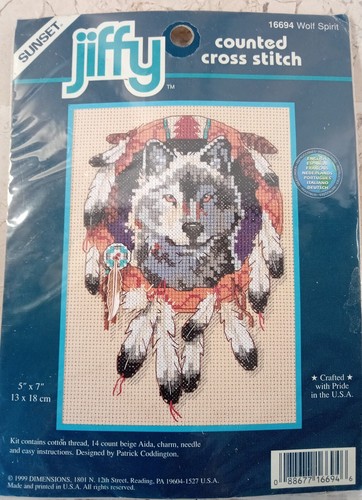 Kit de punto de cruz contado Jiffy Sunset WOLF SPIRIT Dream 16694 5"x7" de colección 1999  - Imagen 1 de 6