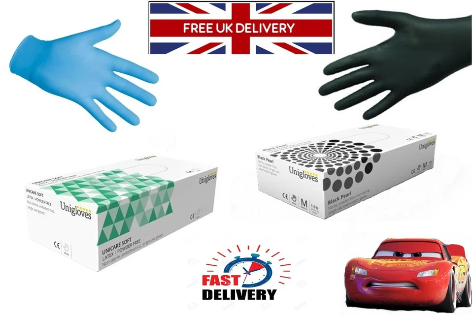 UNIGLOVES DISPOSABLE NITRILE GLOVES 100% POWDER FREE LATEX FREE BLACK AND BLUE XS S M L XL