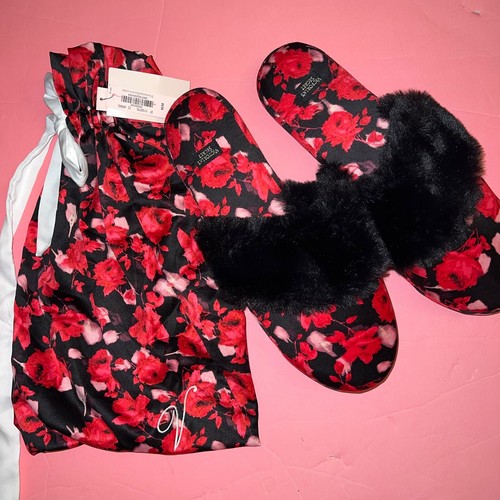 Victoria's Secret 32DDD,36B,36C,36D BRA SET+thong+ROBE+slippers BLACK RED ROSES - Picture 6 of 9