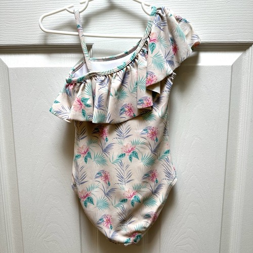 Janie And Jack Girl Pink Tropical Floral Swimsuit 4 Summer Swimwear Off Shoulder - Picture 2 of 4