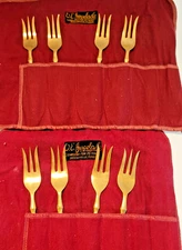 Brass (Gold tone) Rosewood Oyster Forks Thailand 1950 Vintage 8pc +cutlery rolls