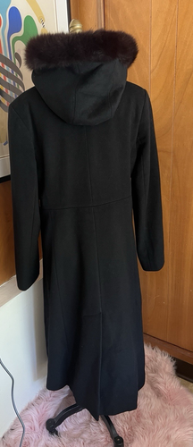Steve by Searle Cashmere blend Fox fur Trim Hood Evening Coat Sz 12 L black - Picture 4 of 9