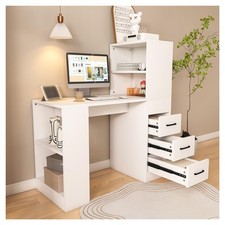 Corner Computer Desk with 4-in-1 Socket, Wooden Desk with Drawers and Storage