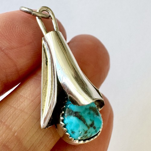 Navajo Squash Blossom Turquoise Pendant 1.4in Signed Yazzie Sterling Nugget - Bild 2 von 8