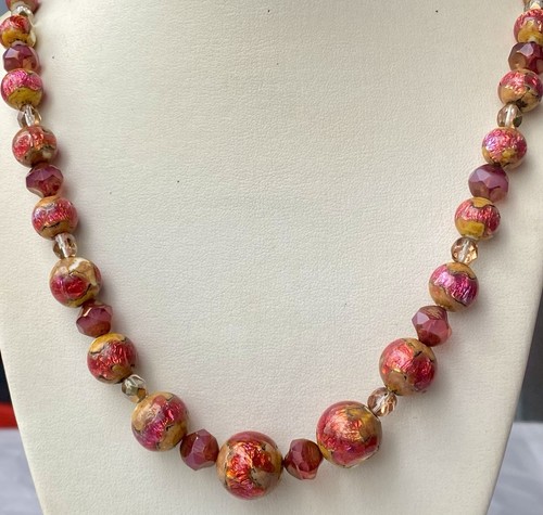 Vtg Venetian Foil Glass Bead Necklace Pink Orange Yellow 21.5" Sterling Clasp - Bild 2 von 21