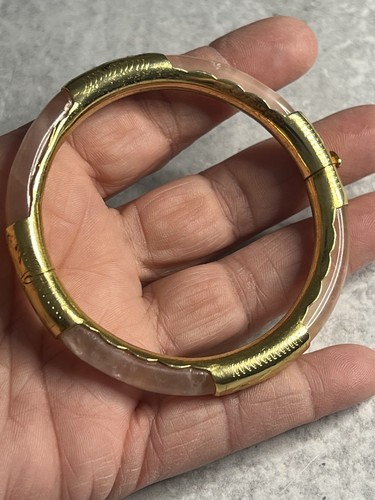 Vintage Heavy Gold Plated Pink Quartz Bangle Bracelet - Picture 5 of 8
