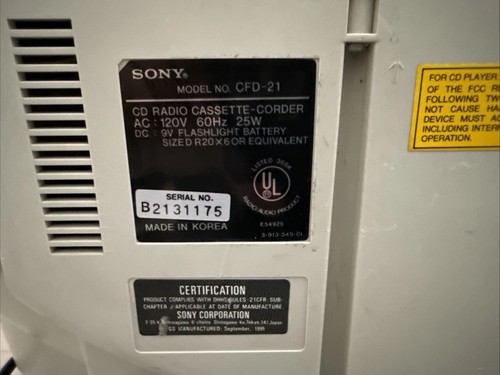 Sony CFD-21 CD/Radio/Cassette-Corder. Cassette Doesn't Work. Tested - Picture 15 of 15