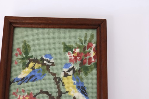 Tapestry Blue Tit Bird Needlepoint Vintage Art Cottagecore Wood Framed In Glass - Picture 5 of 9