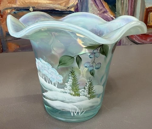 Fenton Winter Wonderland Iridescent Blue Opalescent Art Glass Vase Signed