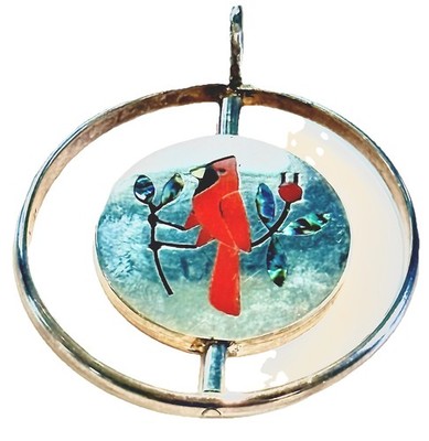 Native American Silver Silver Spinner Pendant. Shell Inlay. Blue Jay & Cardinal.
