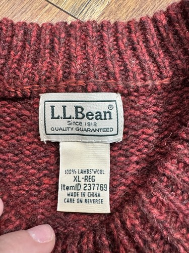 LL Bean Sweater Mens XL 100% Lambs Wool Ribbed Chunky Knit 500586 Red Pullover - Picture 2 of 5