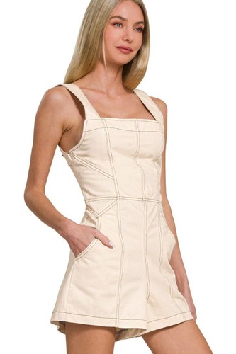 Zenana Tie Back Romper Contrast Seam Beige Overall Romper Casual Summer Style