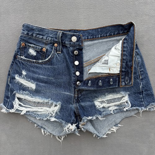 Levi’s 501 Shorts Blue 5 Button Fly Distressed Pockets Women’s Size 26 - Picture 1 of 24