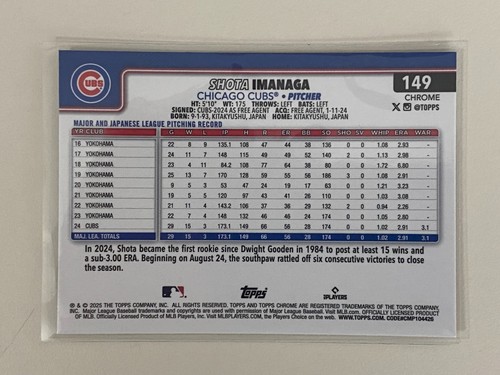 Shota Imanaga 2025 Topps rifrattore a prisma cromato - Chicago Cubs - Foto 2 di 2