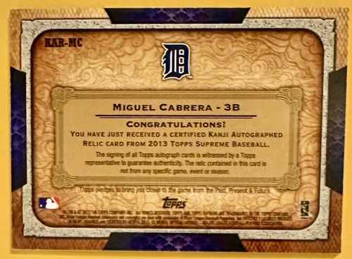 2013 Topps Supreme Autographed SSP /25 Miguel Cabrera KANJI RELIC CARD #SS-MC - Picture 5 of 5