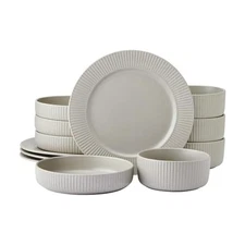 Tranquility 12 Piece Plates Bowls Dinnerware Set, for 4, Cream