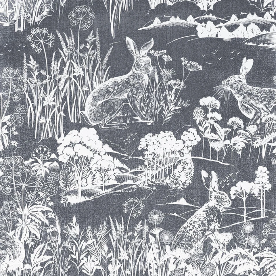 Papel de parede inspirado na vida selvagem lebre prado azul marinho decoração para casa 909606 - Imagem 2 de 4