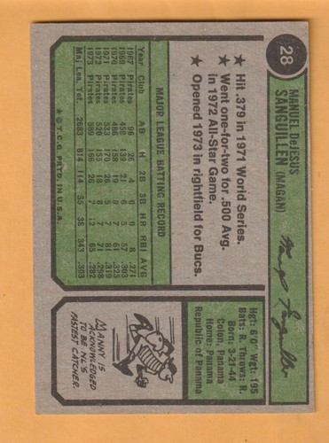 Manny Sanguillen Pittsburgh Pirates 1974 Topps #28 - Picture 2 of 2