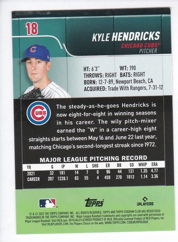 2022 Topps Stadium Club #18 KYLE HENDRICKS Chicago Cubs Base & BLACK FOIL - Picture 4 of 6