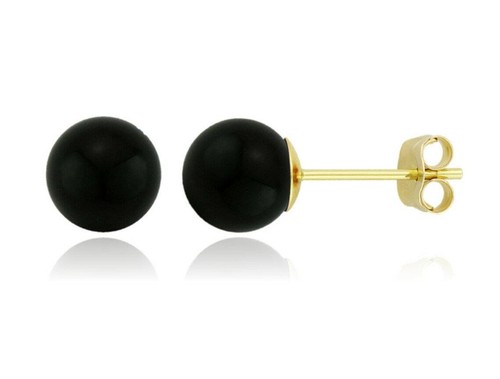 14K Solid Gold Genuine Black Onyx Ball Studs Push Back Studs Earrings Gift - Picture 1 of 5