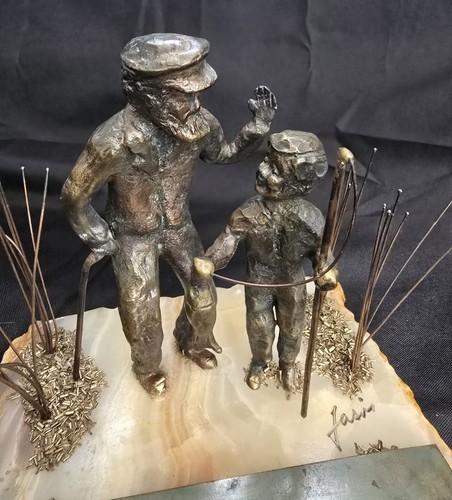Vtg Mario Jason Signed Bronze Onyx Man & Boy fishing on Dock Brutalist Sculpture - Picture 2 of 6
