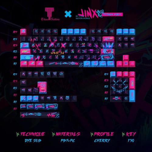 LOL Arcane Jinx Keycaps PBT 130/144 tasti ciliegia MX lato-lit regalo per tastiere RGB - Foto 2 di 8