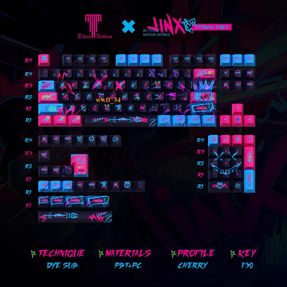 LOL Arcane Jinx Keycaps PBT 130/144 Keys Cherry MX Side-Lit Gift For RGB Keypads - Image 2 of 4