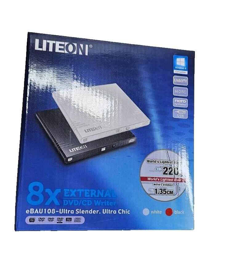 New LITE-ON 8x External USB DVD/CD Writer Drive Black eBAU108 Ultra Slender - Image 2 of 4