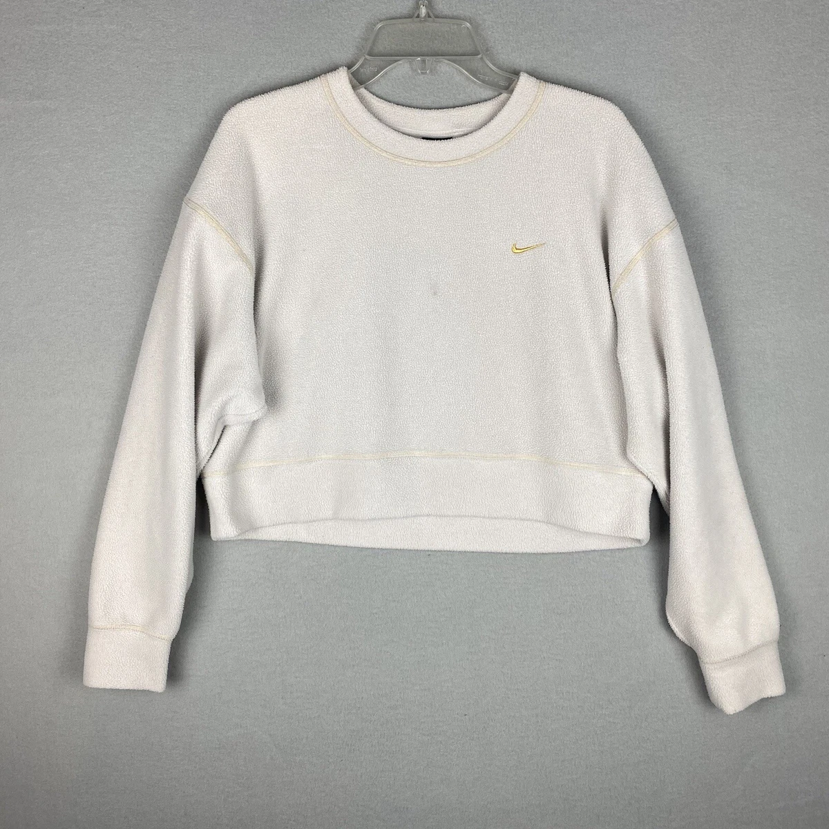 Nike Crop Top Sweater Women L White Yellow Fleece Long Sleeve Pullover Swoosh