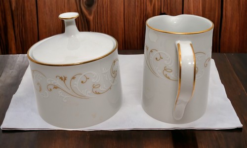 Noritake Duetto 6610 Creamer and Sugar Bowl w/Lid Gold & White Scroll Gold Trim - Picture 5 of 12