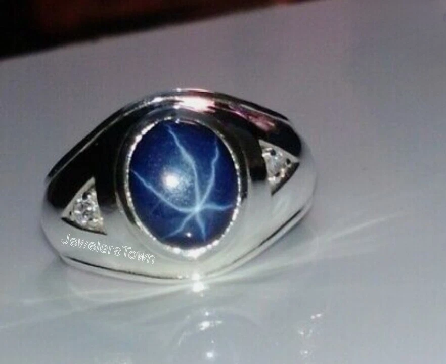 Anello da uomo con stella originale zaffiro blu, anello in argento sterling 92,5 - Immagine 4 di 4