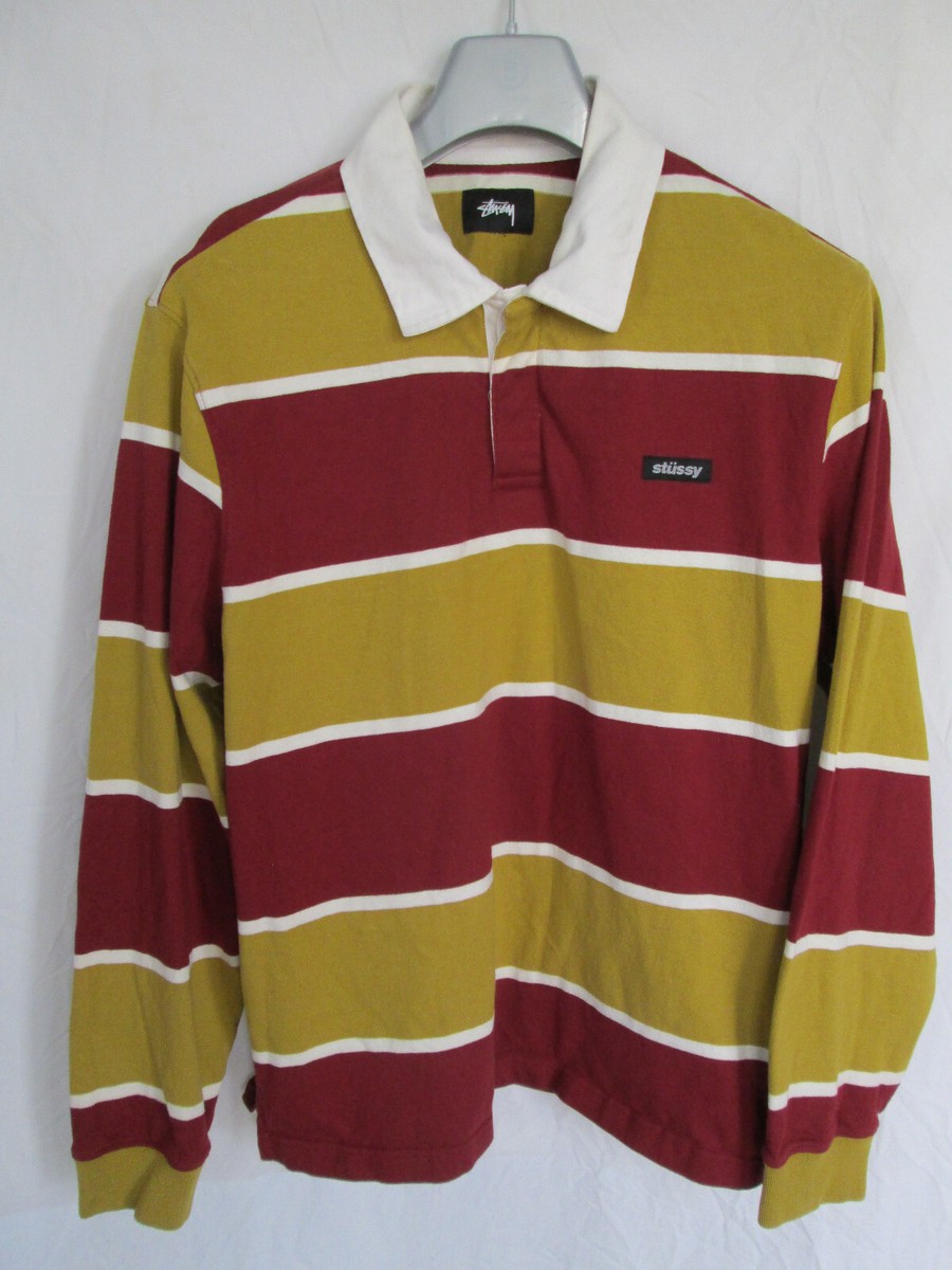 STUSSY Men's Cotton Striped Long Sleeve Rugby Polo Shirt STUSSY Men's Cotton Striped Long Sleeve Rugby Polo Shirt
