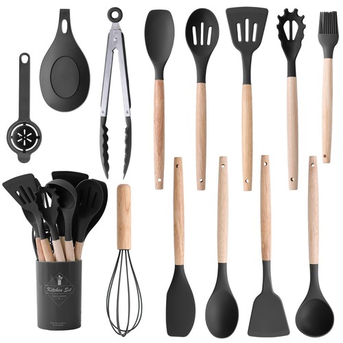14x Silicone Kitchen Cooking Utensils Set with wooden Holder Pot Gray Pink Green - Picture 8 of 28
