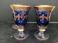 Interglass Italy Crystal Glass 24k Gold & Cobalt Blue Wine Goblets - Set Of 4