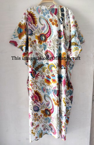 Indian Cotton Floral Printed Long Kaftan Dress White Caftan - Picture 4 of 4