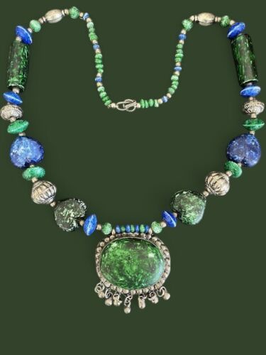 Tibetan Style Blue Green Silver Tone Pendant Necklace Boho Gypsy Chunky Beads - Picture 2 of 9