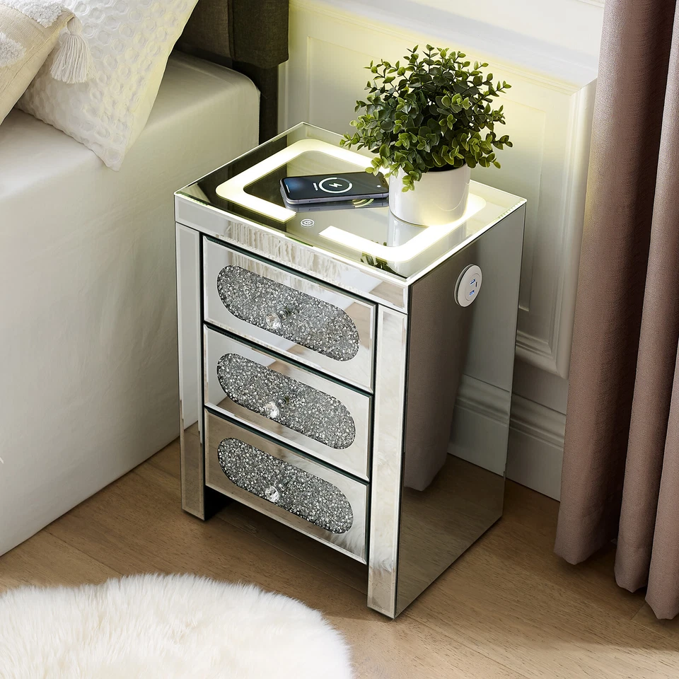 Mirrored Nightstand End Table Wireless Charging Station,LED Lights,USB,3-Drawers - Image 2 of 4