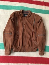 Vintage 80s Suede Leather Tan Boxy Wide Bomber Jacket Large Airplane Zippers
