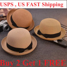 Lady Boater sun caps Ribbon Round Flat Top Straw Fedora Panama Hat summer hats