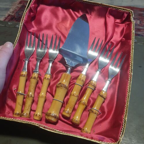 Servizio da dessert vintage Baron Solingen manico bambù NOS argenteria MCM set - Foto 7 di 7
