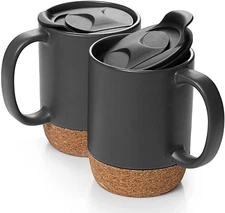 15Oz Coffee Mugs Set of 2 Large Ceramic with Cork Bottom Spill Proof Lid Grey