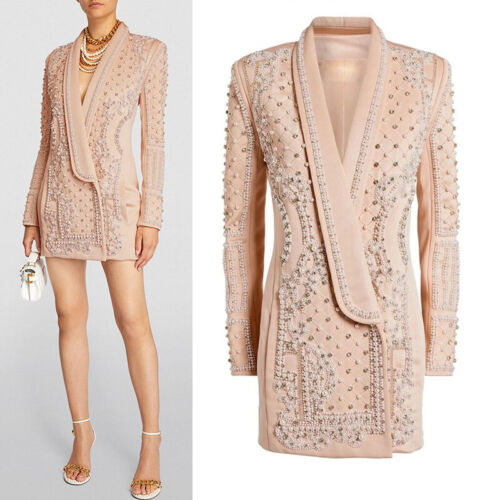 Handmade Mini Blazer Beige Dress Long Elegant Embroidered Jacket Pearl Suit New