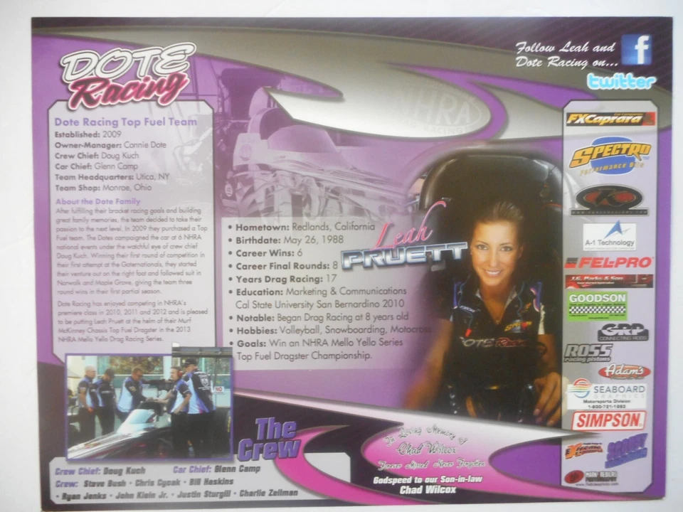 Tarjeta de héroe Leah (Pritchett) Pruett 2013 NHRA Top Fuel Dragster 777 8,5x11 Foto 4 de 4