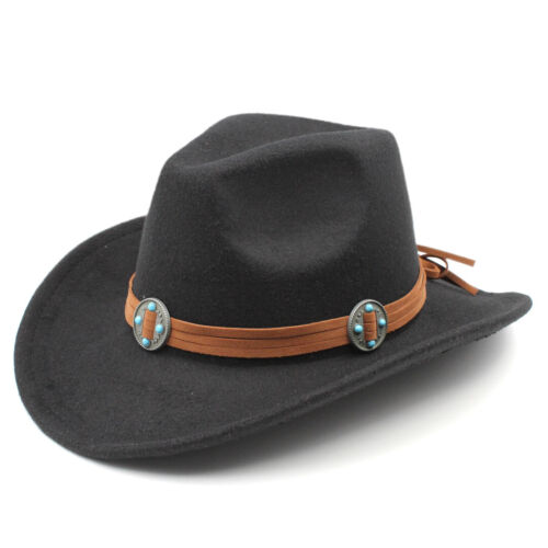 Western Cowboy Hat for Boys Girls Kids Cowgirl Fedora Cap Wide Brim Brown Strap - Picture 6 of 55