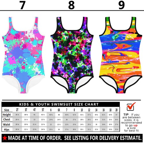 Kids Retro Neon Paint Glow Party Swimsuit #1 - Baby Girl Teens Bathing Suit 80s - Picture 24 of 30