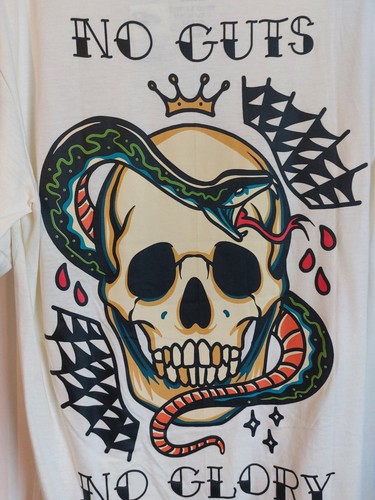 Men's GSTR Ivory/Cream/Pale Yellow Snake Skull No Guts No Glory T-shirt L NWT - Picture 2 of 4