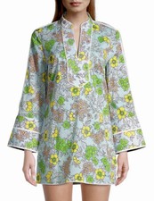 TORY BURCH FLORAL PRINTED COVER-UP TUNIC CAFTAN DRESS BLUE WALLPAPER SZ US M NWT