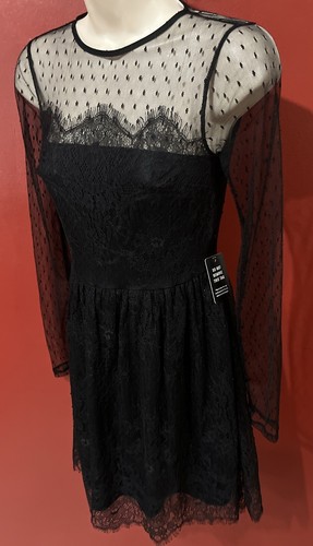 Express schwarzes Spitzenkleid Damengröße 0 Langarm durchsichtig neu mit Etikett UVP $ 88,00 - Bild 4 von 10
