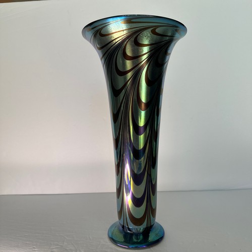 Rick Strini Blue Luster &Purple Iridescent Hand Blown Pulled Art Glass Vase 1998 - Picture 11 of 24